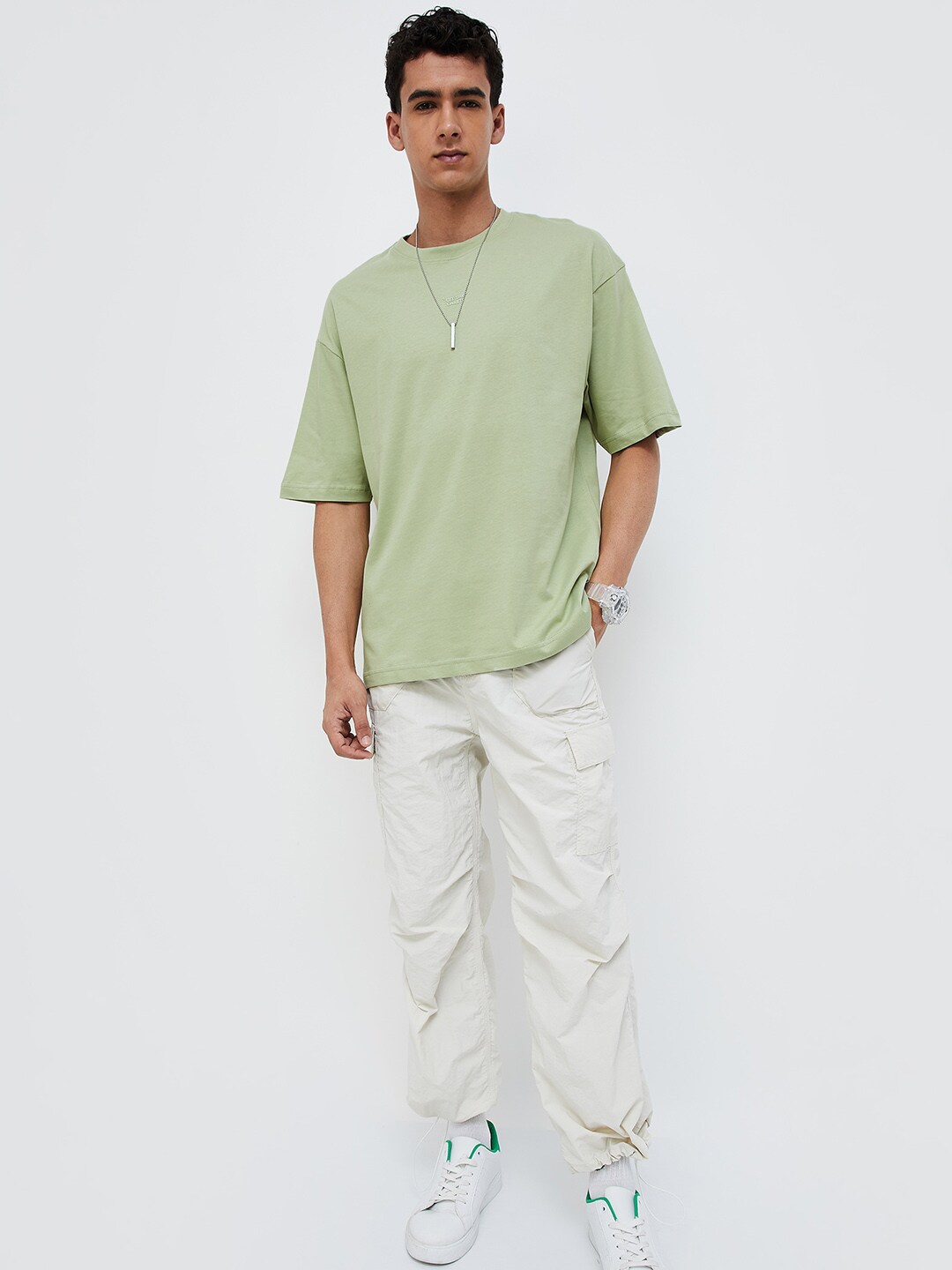 

Forca by Lifestyle Round Neck Drop Shoulder Cotton Oversized T shirt, Olive