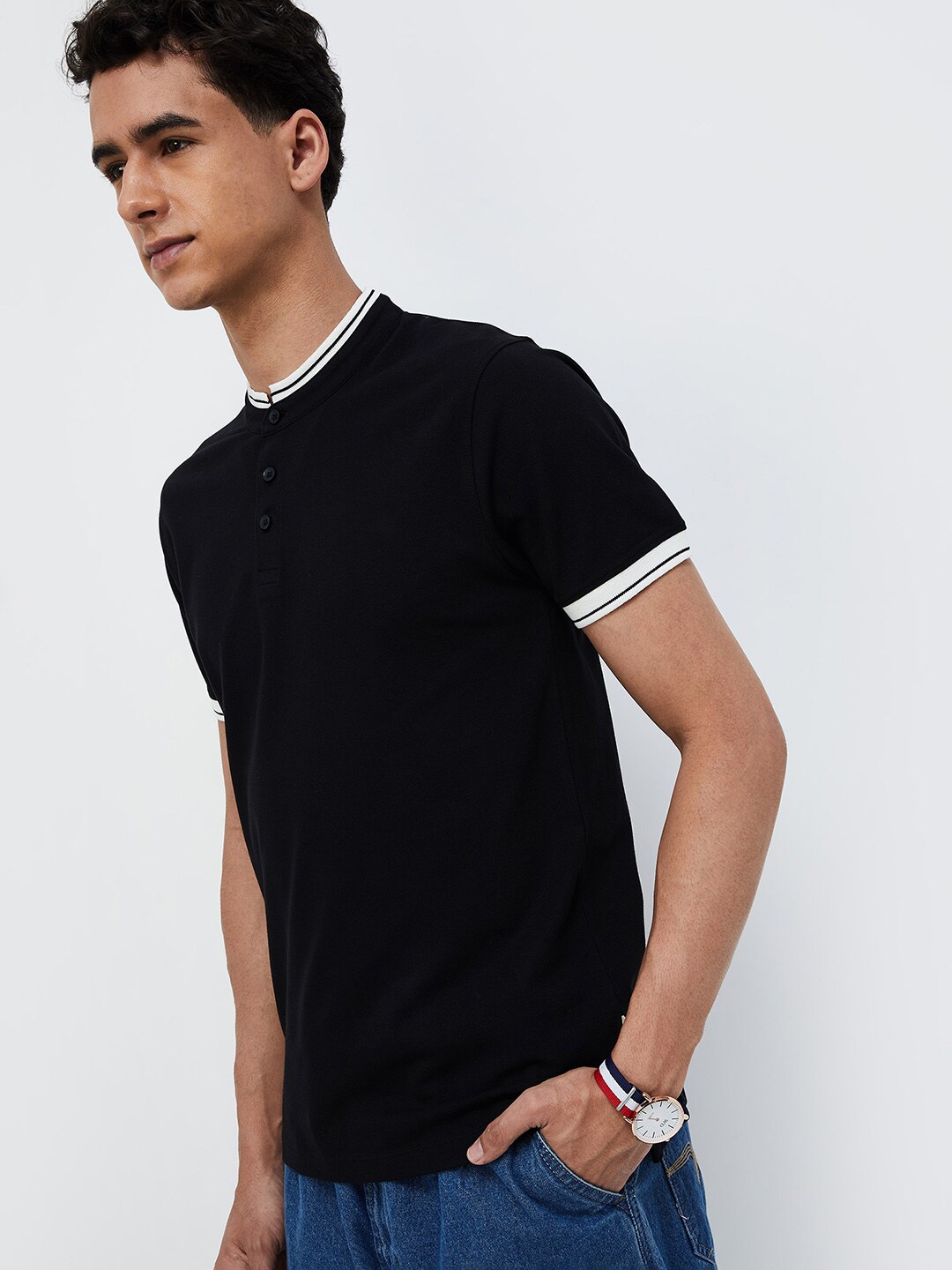 

Forca by Lifestyle Henley Neck Short Sleeves Cotton T shirt, Black