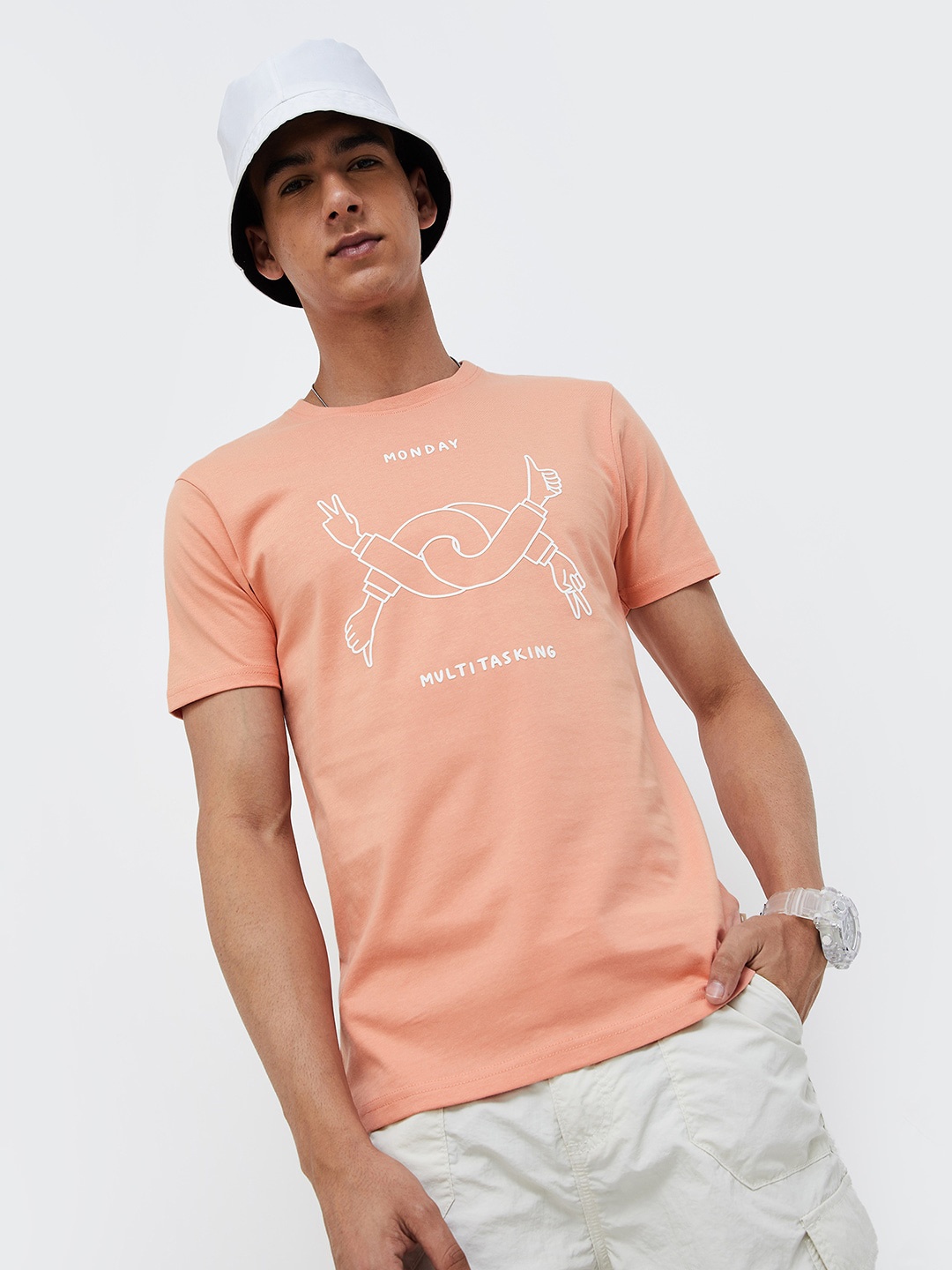 

Forca by Lifestyle Typography Printed Round Neck Short Sleeves T-shirt, Peach