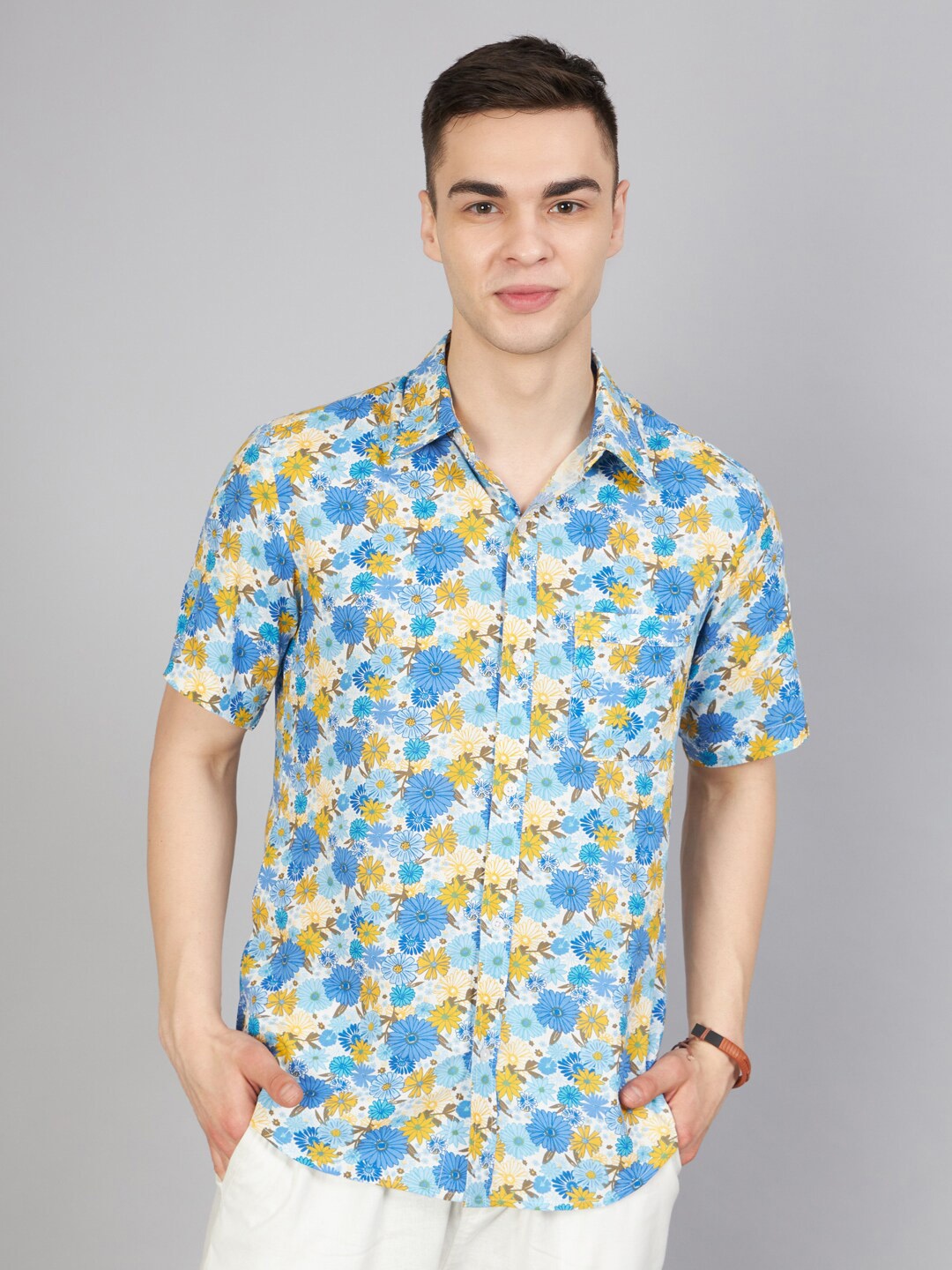 

ESSQUE Classic Boxy Floral Printed Spread Collar Short Sleeves Cotton Casual Shirt, Blue