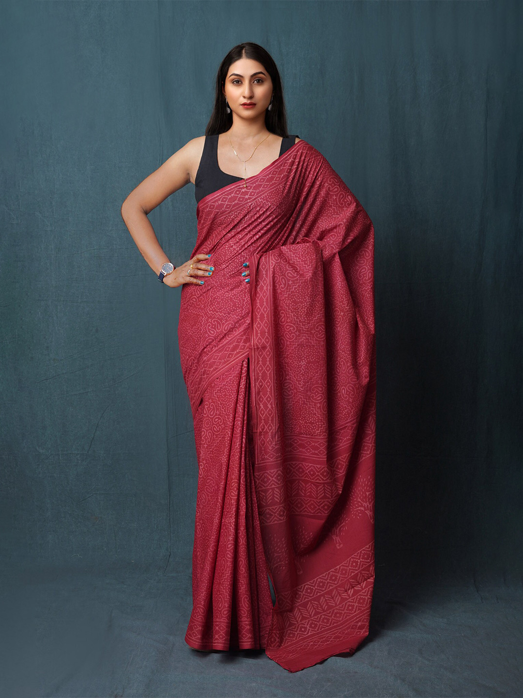 

Unnati Silks Ethnic Motifs Pure Cotton Handloom Block Print Saree, Burgundy