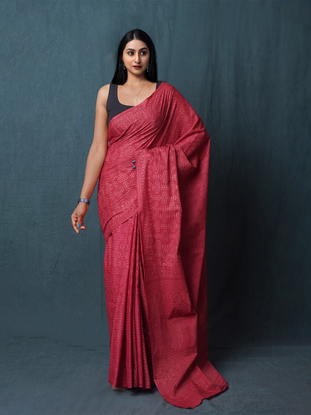 

Unnati Silks Ethnic Motifs Pure Cotton Handloom Block Print Saree, Burgundy