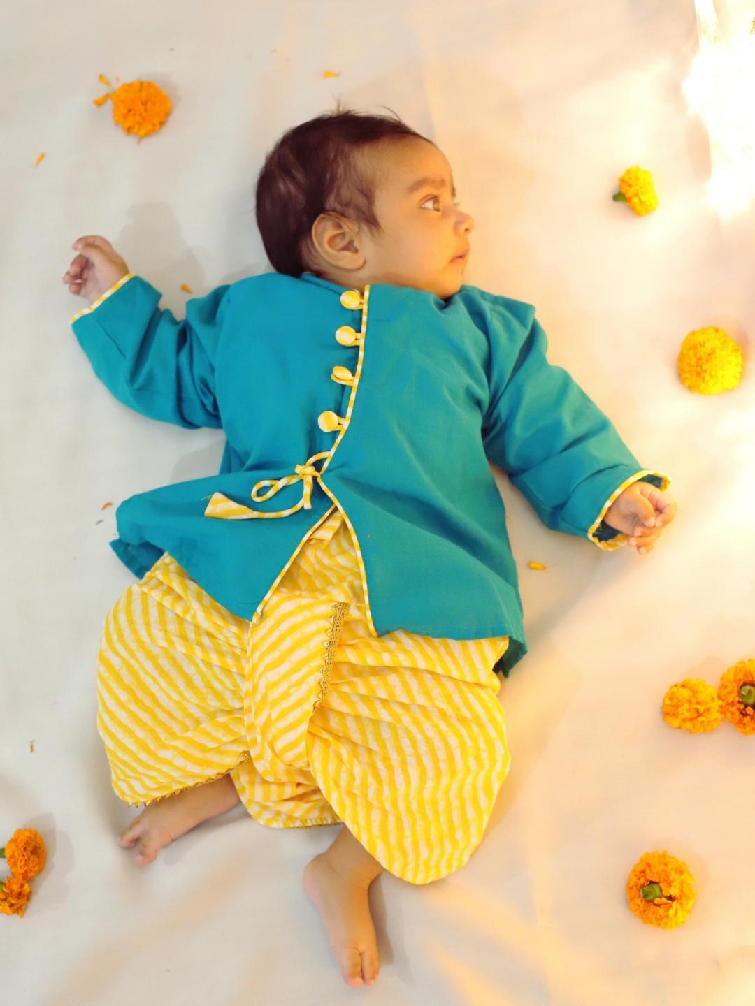 

BownBee Infants Pure Cotton Angrakha Kurta With Dhoti Pants Clothing Set, Green