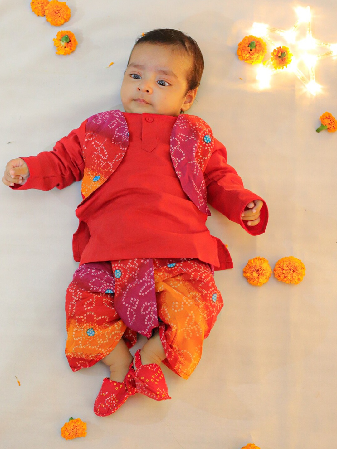 

BownBee Infants Boys Bandhani Printed Pure Cotton Kurta Set, Pink