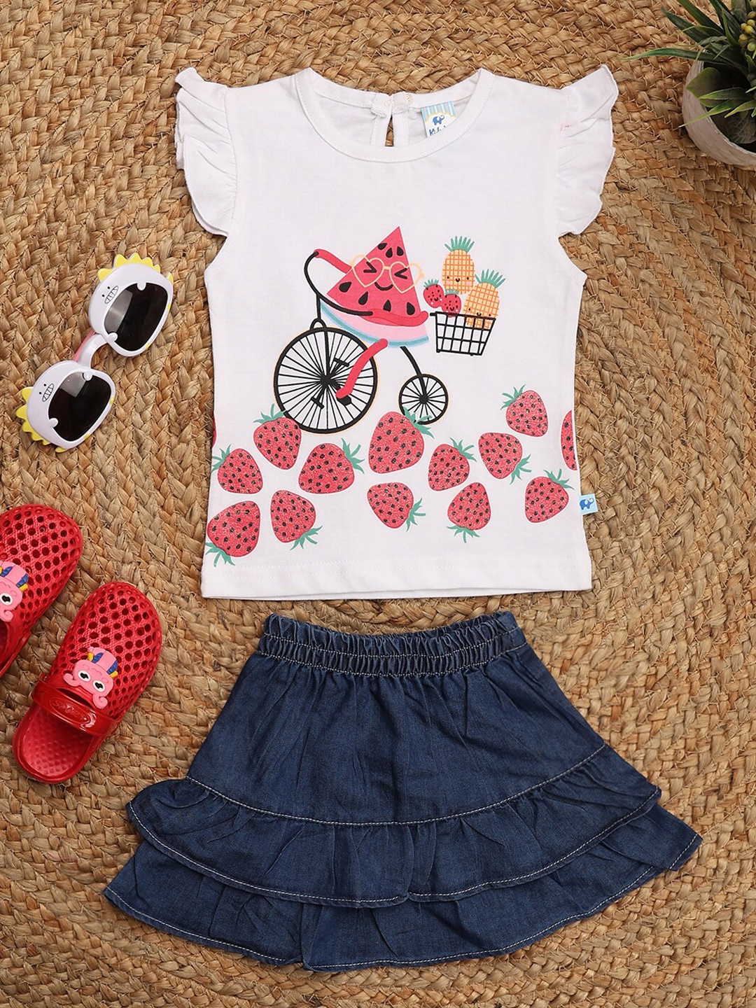 

V-Mart Unisex Kids Printed Top with Skirt, White