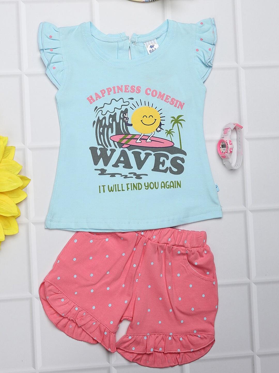 

V-Mart Unisex Kids Printed Top with Shorts, Blue