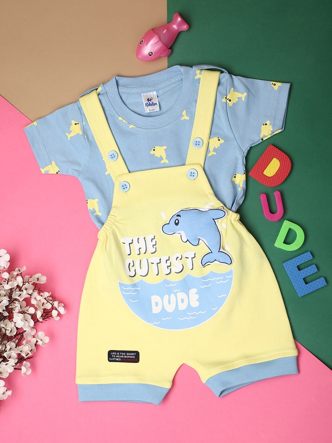

V-Mart Infant Kids Graphic Printed Cotton Dungaree, Yellow