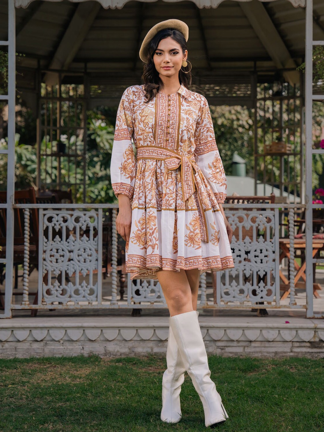 

FASHION DWAR Peachy Elegance Floral Printed Belted Cotton A-Line Dress, Beige