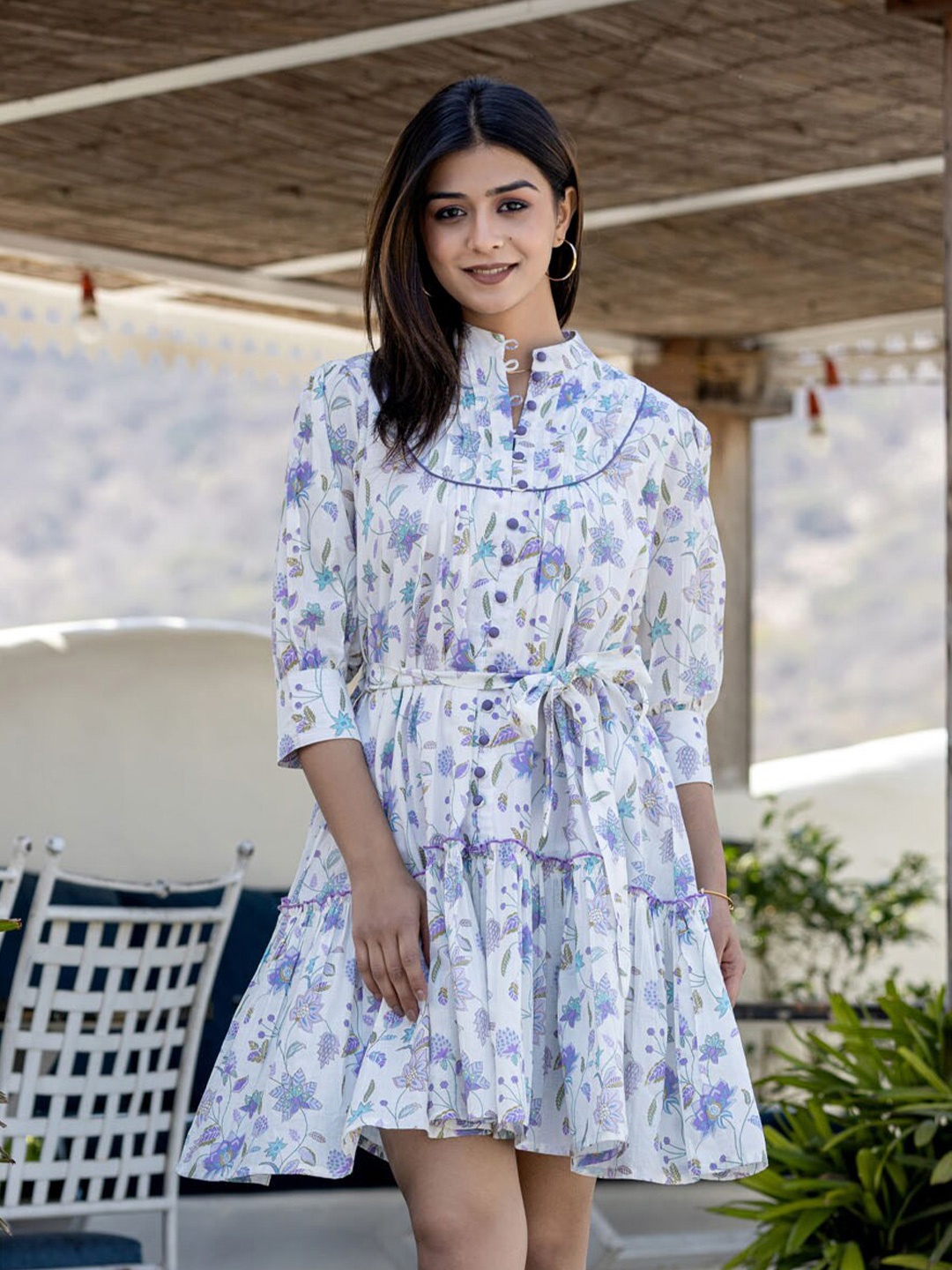 

FASHION DWAR Floral Printed Mandarin Collar Flared Cotton A-Line Dress, Purple