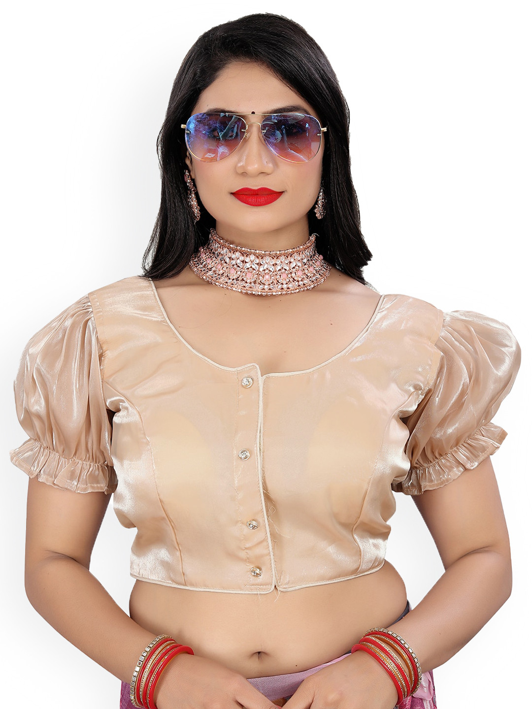 

Reeta Fashion Short Organza Short Puff Sleeves Readymade Blouse, Gold