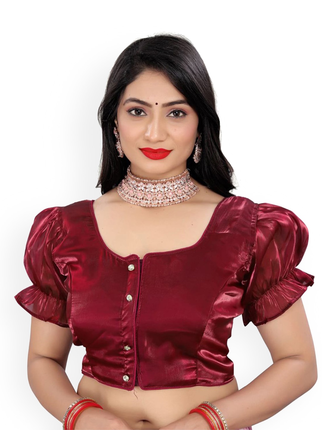 

Reeta Fashion Short Organza Short Puff Sleeves Readymade Blouse, Maroon