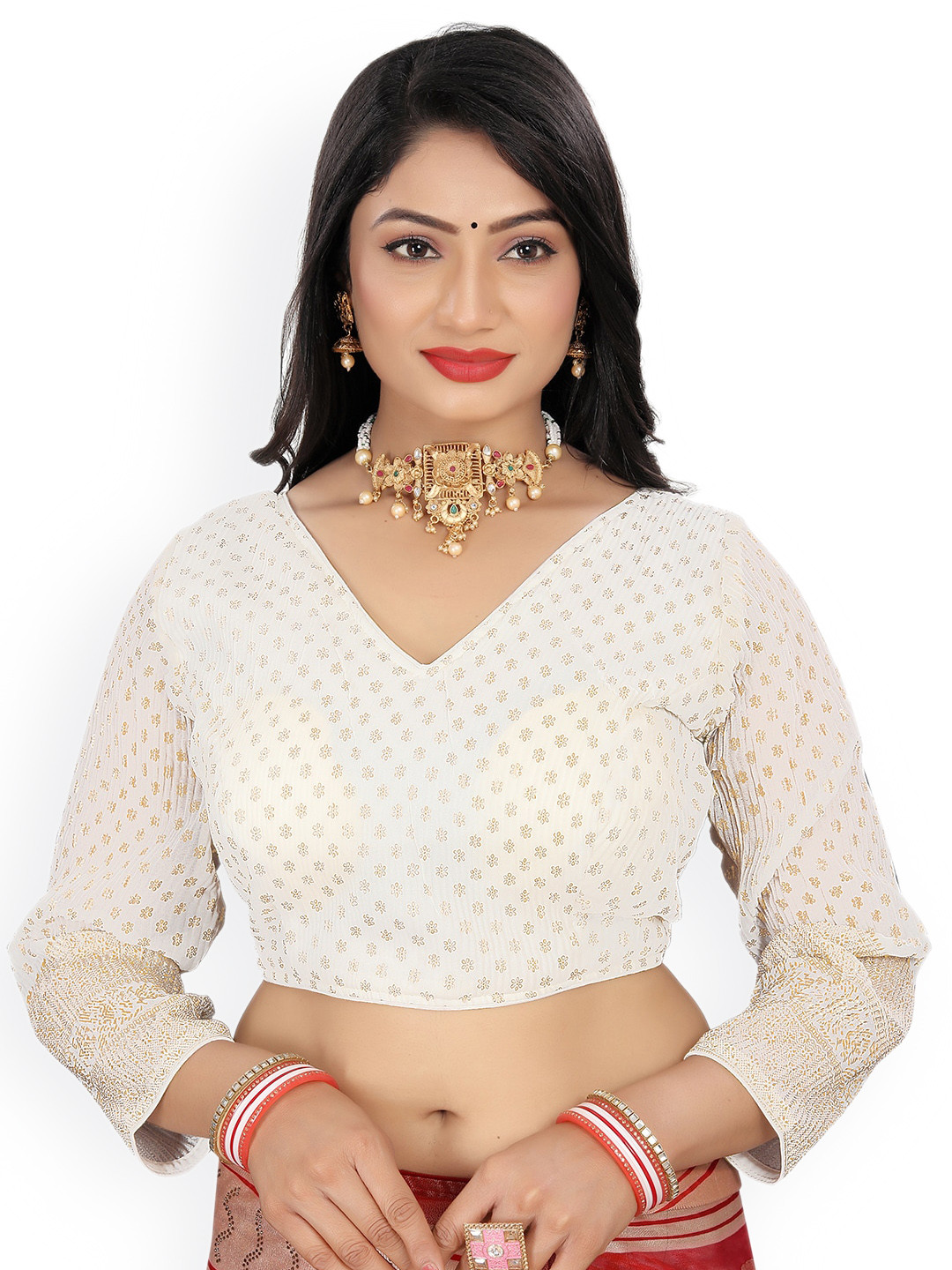 

Reeta Fashion White Heavy Padded Zari Woven Design Readymade Saree Blouse