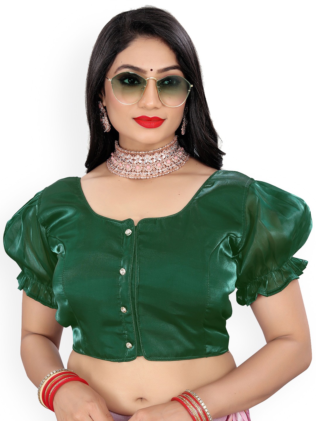 

Reeta Fashion Short Organza Short Puff Sleeves Readymade Blouse, Green