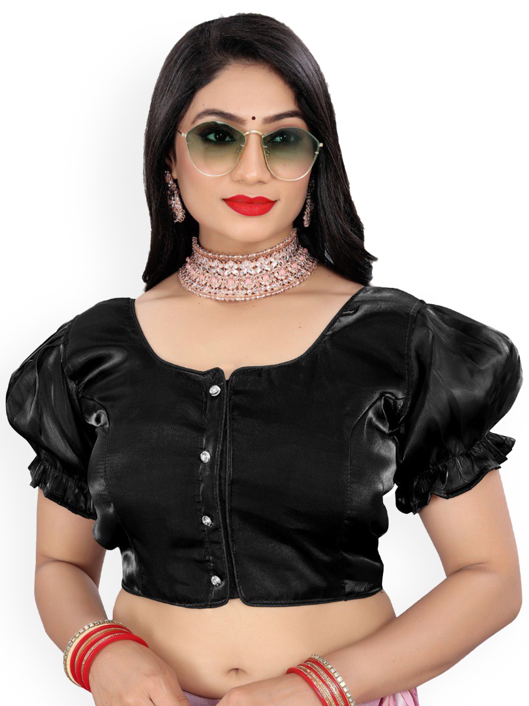 

Reeta Fashion Short Organza Short Puff Sleeves Readymade Blouse, Black