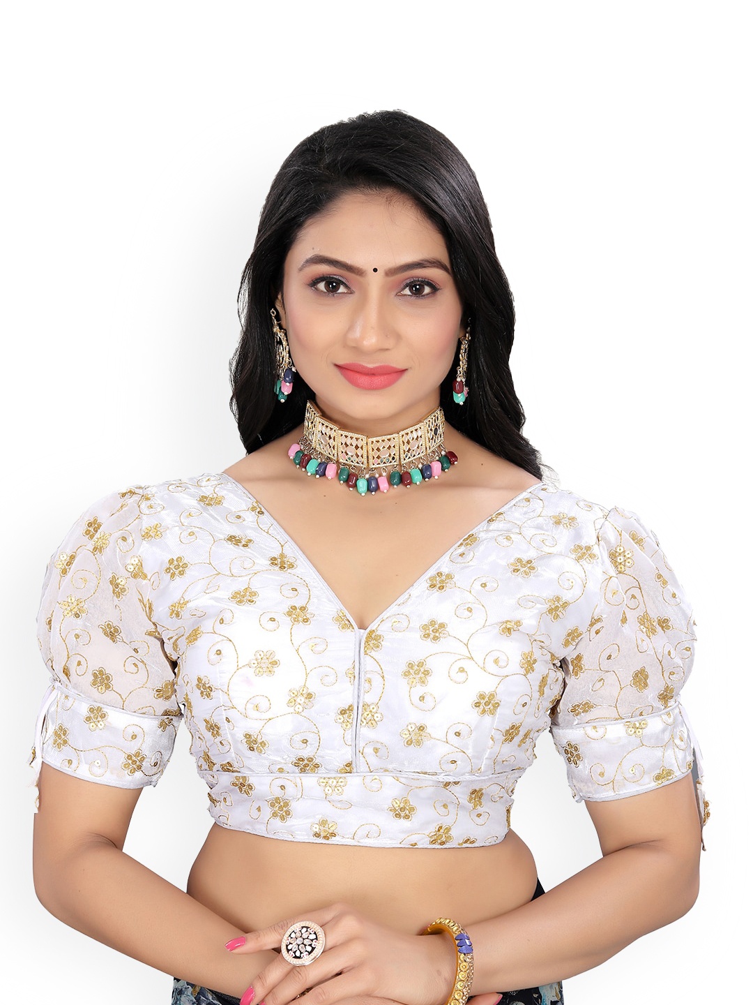 

Reeta Fashion V-Neck Sequinned Embroidered Saree Blouse, White