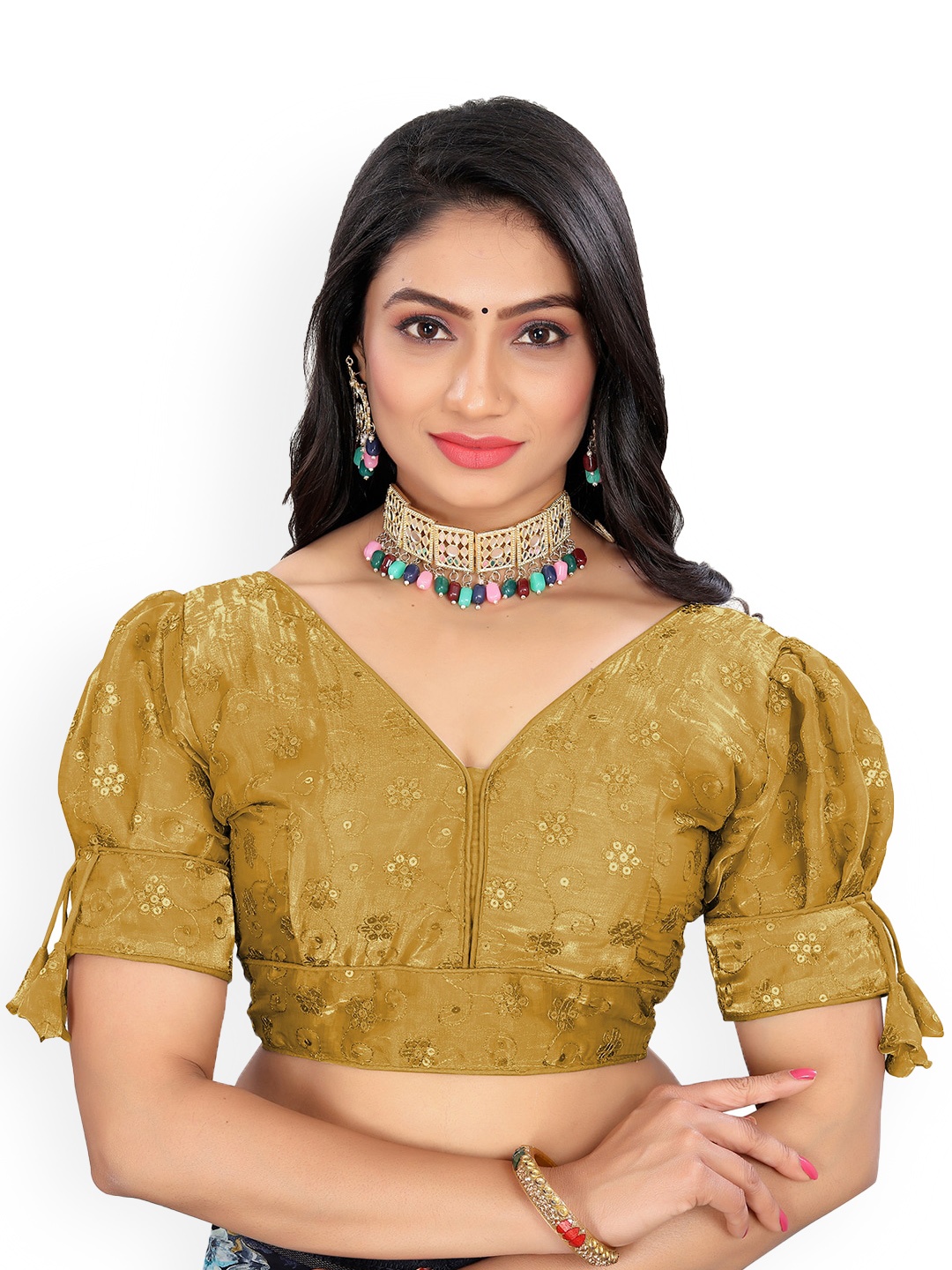 

Reeta Fashion V-Neck Sequinned Embroidered Saree Blouse, Copper