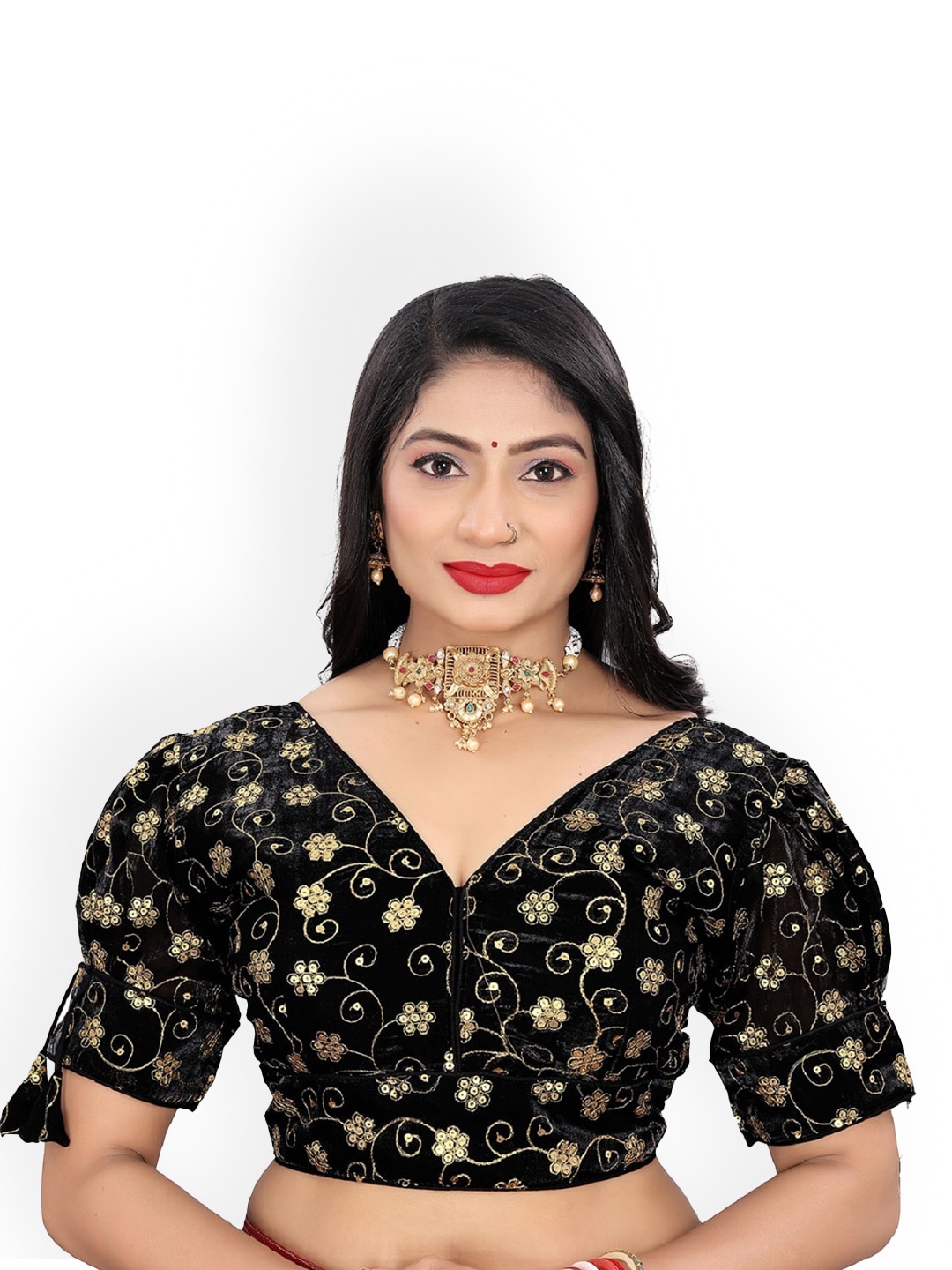 

Reeta Fashion Sequinned Embroidered Balloon Sleeves With 3 Julla Readymade Saree Blouse, Black