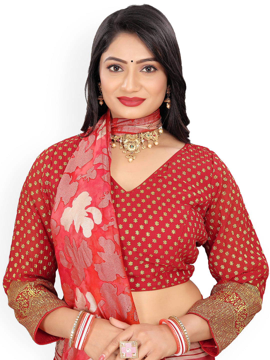 

Reeta Fashion V-Neck Thread Work Embroidered Padded Saree Blouse, Red