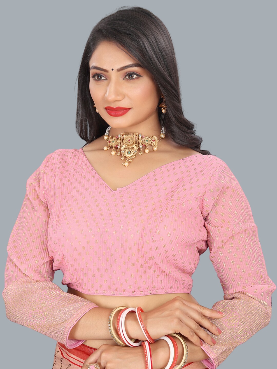 

Reeta Fashion V-Neck Zari Printed Padded Saree Blouse, Pink