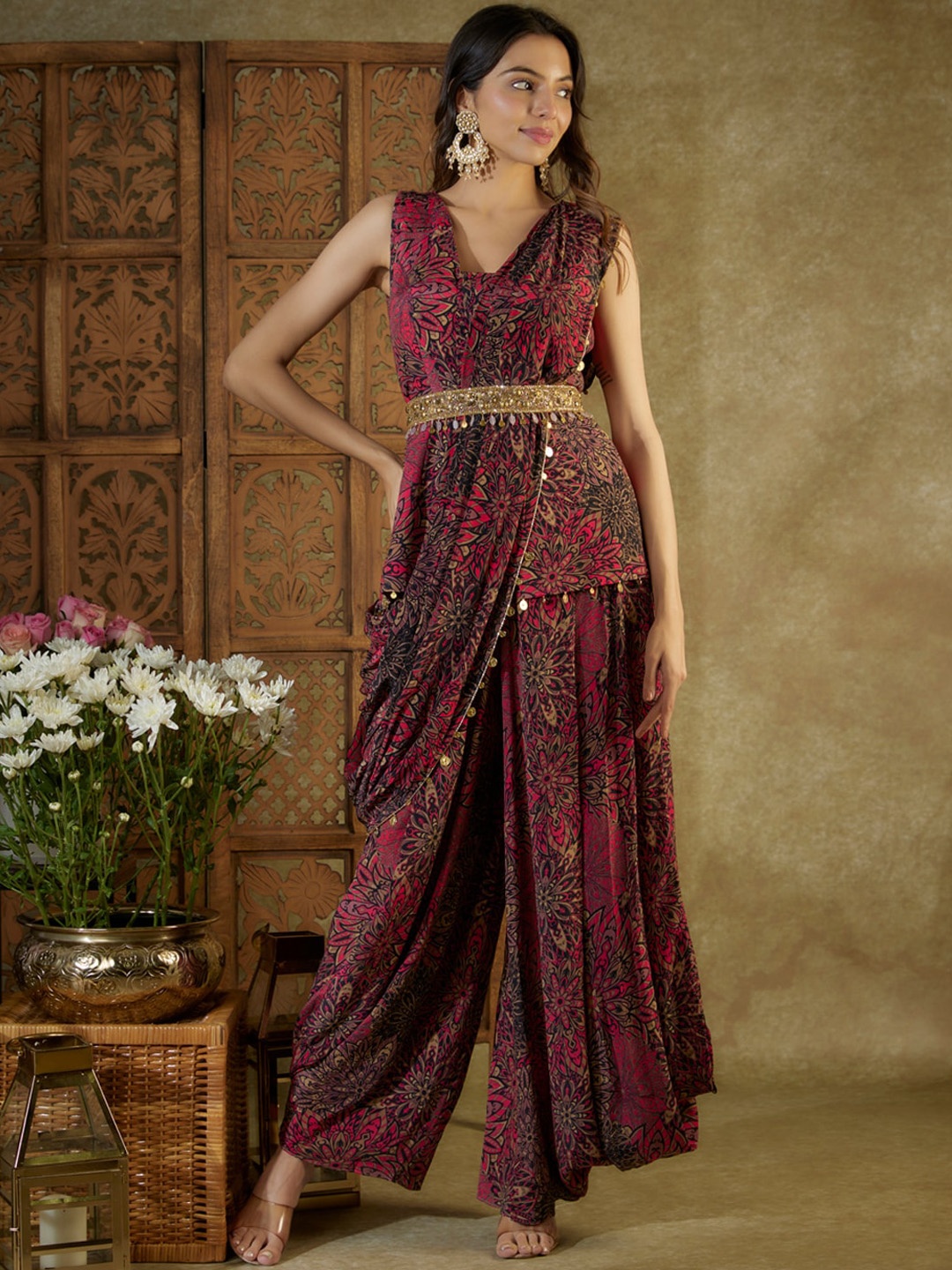 

Mehak Murpana Floral Printed Top Palazzo Pre Pleated Drape and Belt Set, Pink