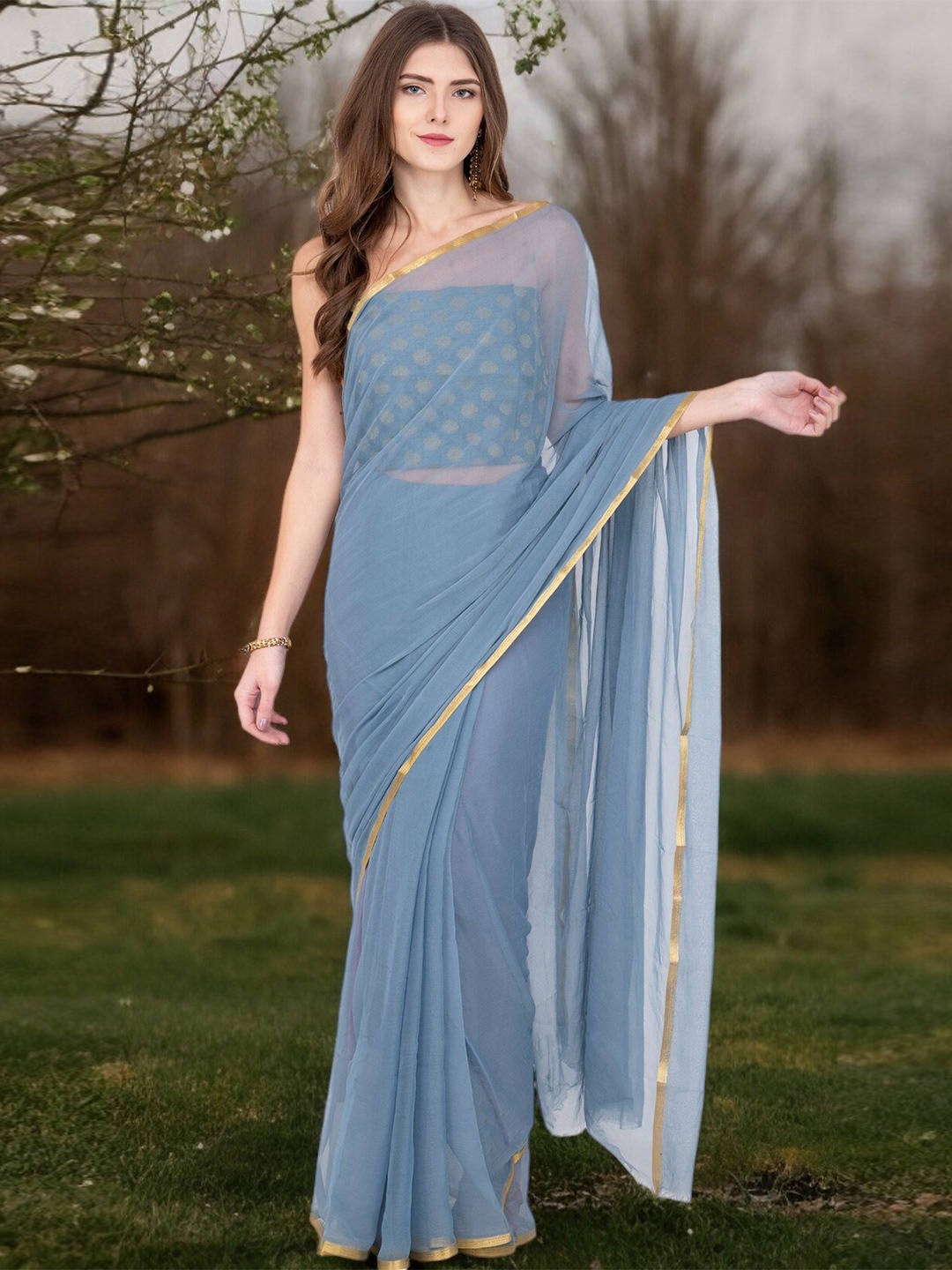 

CLAFOUTIS Poly Chiffon Saree, Blue