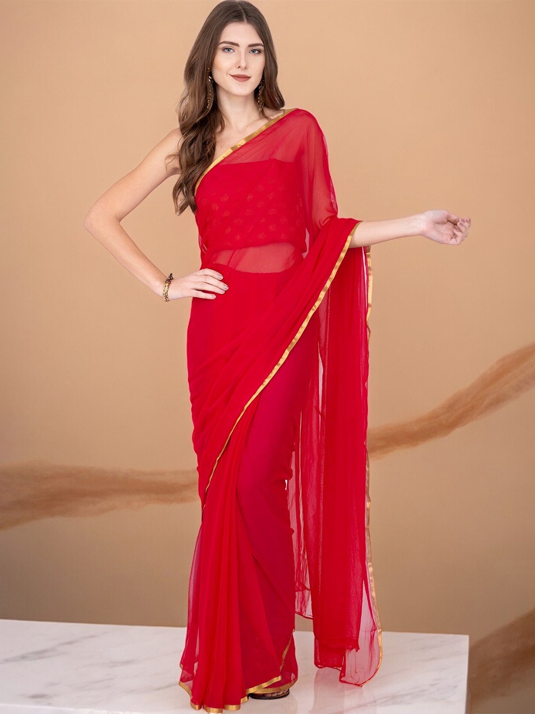 

CLAFOUTIS Zari Lase Boder Saree, Red