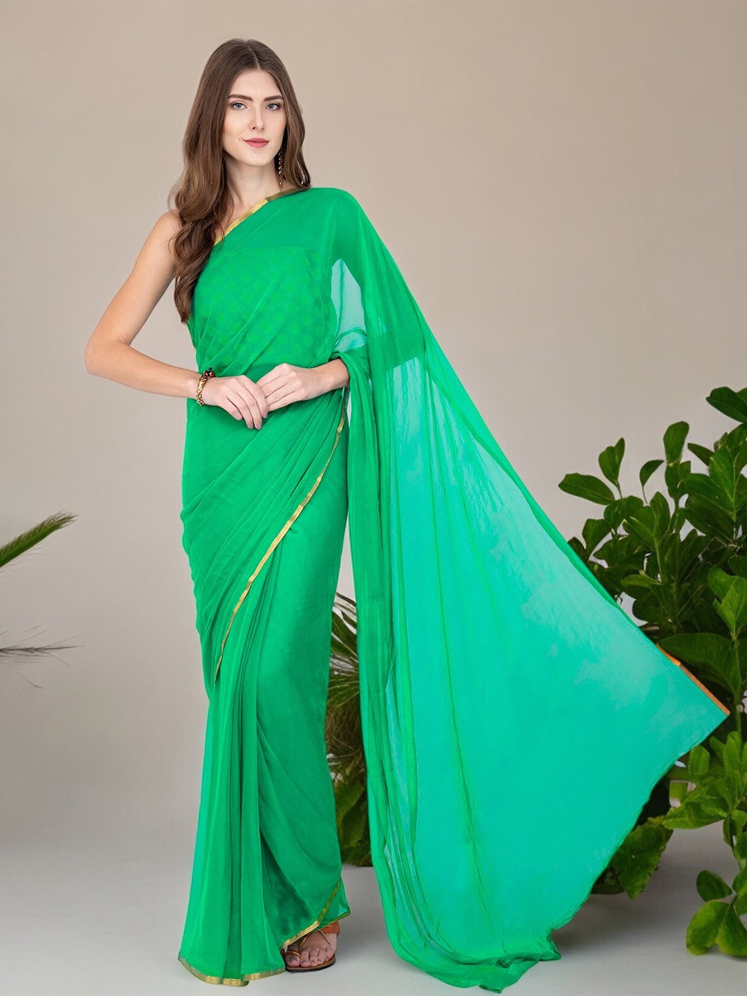 

CLAFOUTIS Zari Lase Boder Saree, Green