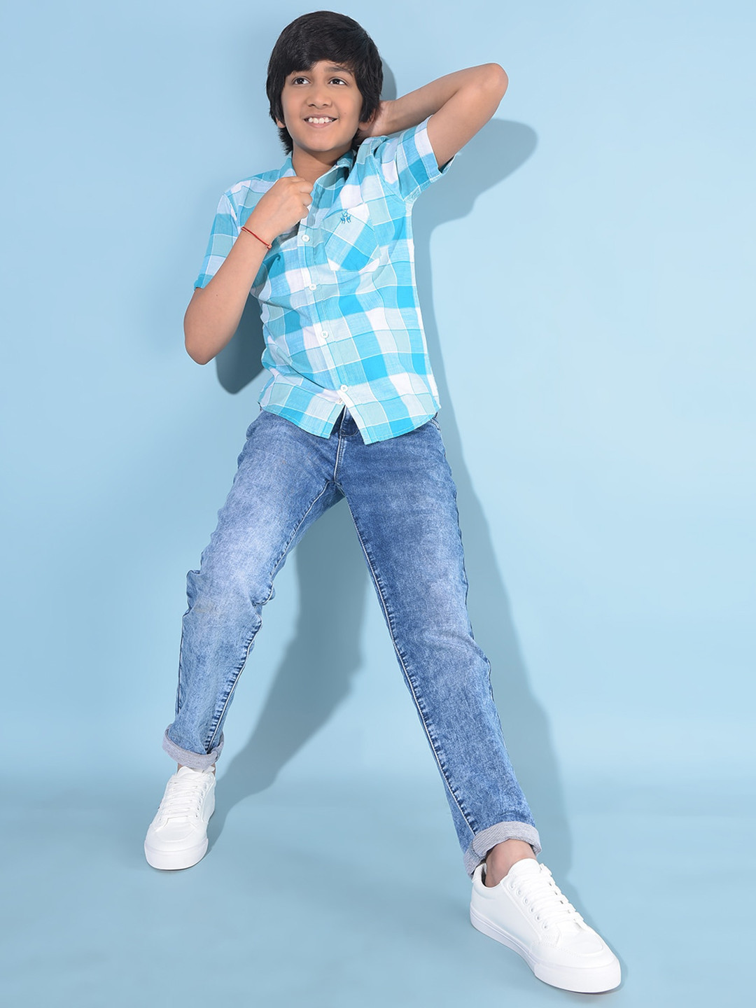 

Crimsoune Club Boys Classic Slim Fit Buffalo Checked Casual Pure Cotton Shirt, Blue