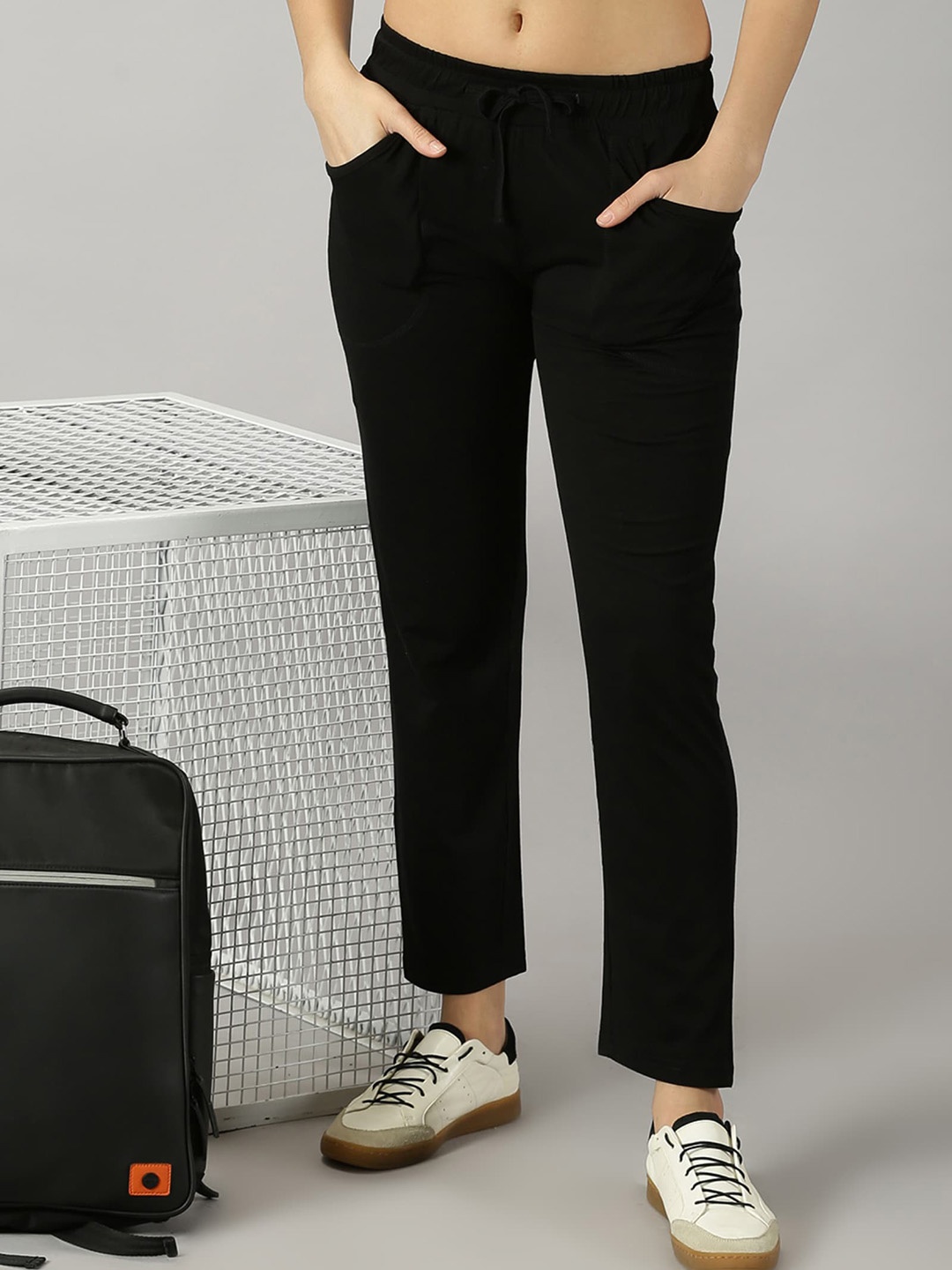 

AUSK Women Relaxed Slim Fit Cotton Regular Trousers, Black