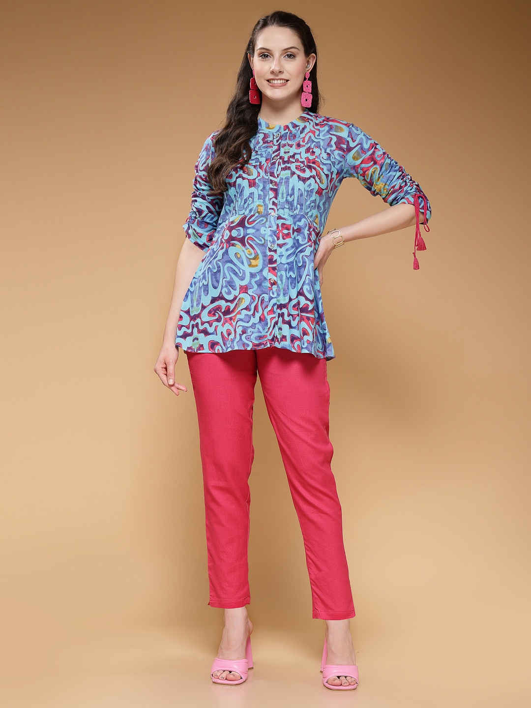 

Indibelle Floral Printed Band Collar Cotton A-Line Kurti, Blue