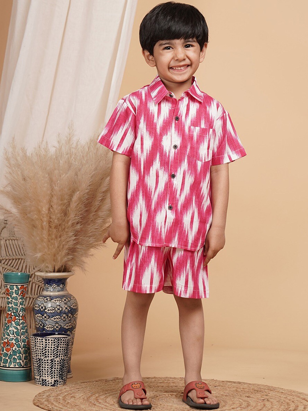 

UNBIND Boys Printed Shirt Collar Pure Cotton Clothing Set, Pink