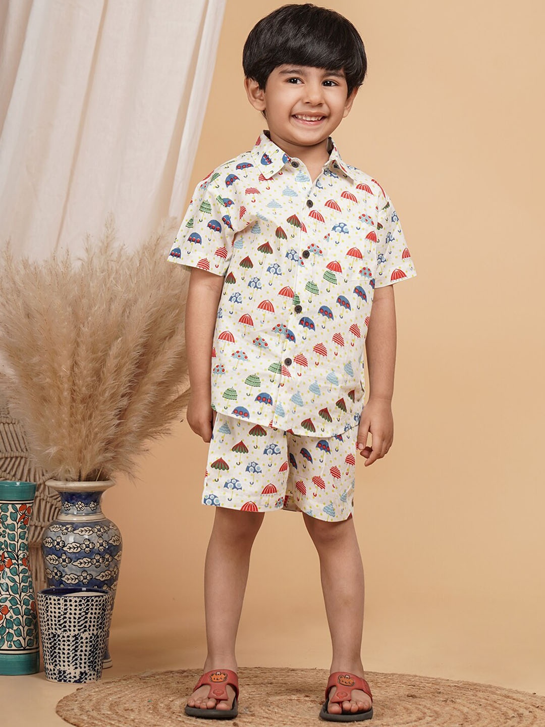 

UNBIND Boys Printed Shirt Collar Pure Cotton Clothing Set, Cream