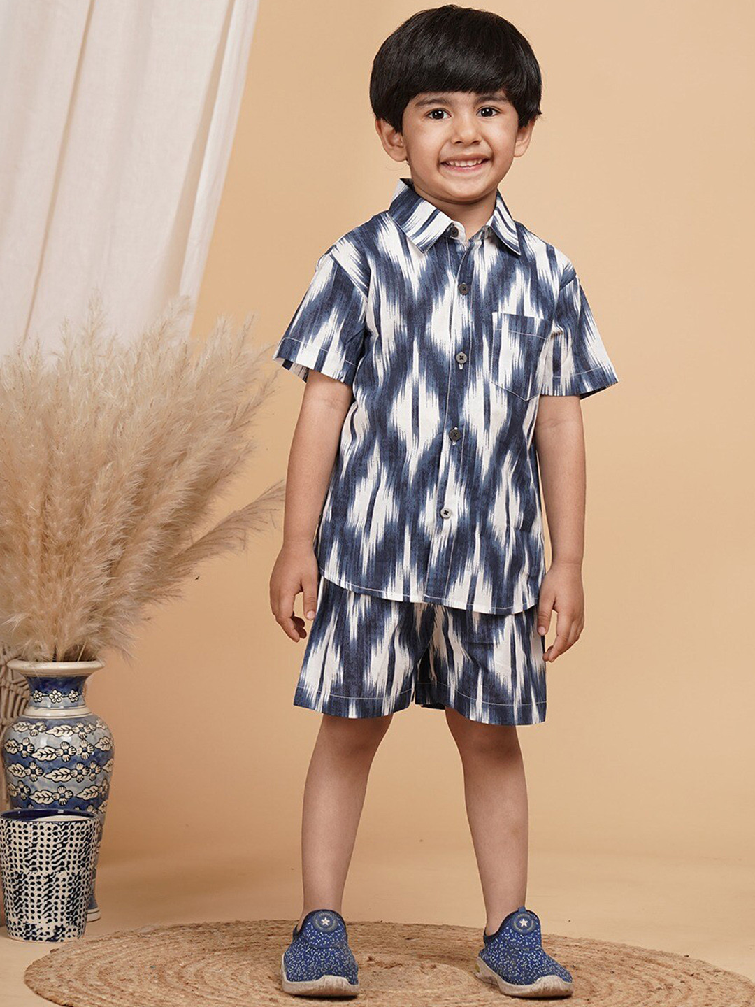 

UNBIND Boys Printed Shirt Collar Pure Cotton Clothing Set, Blue