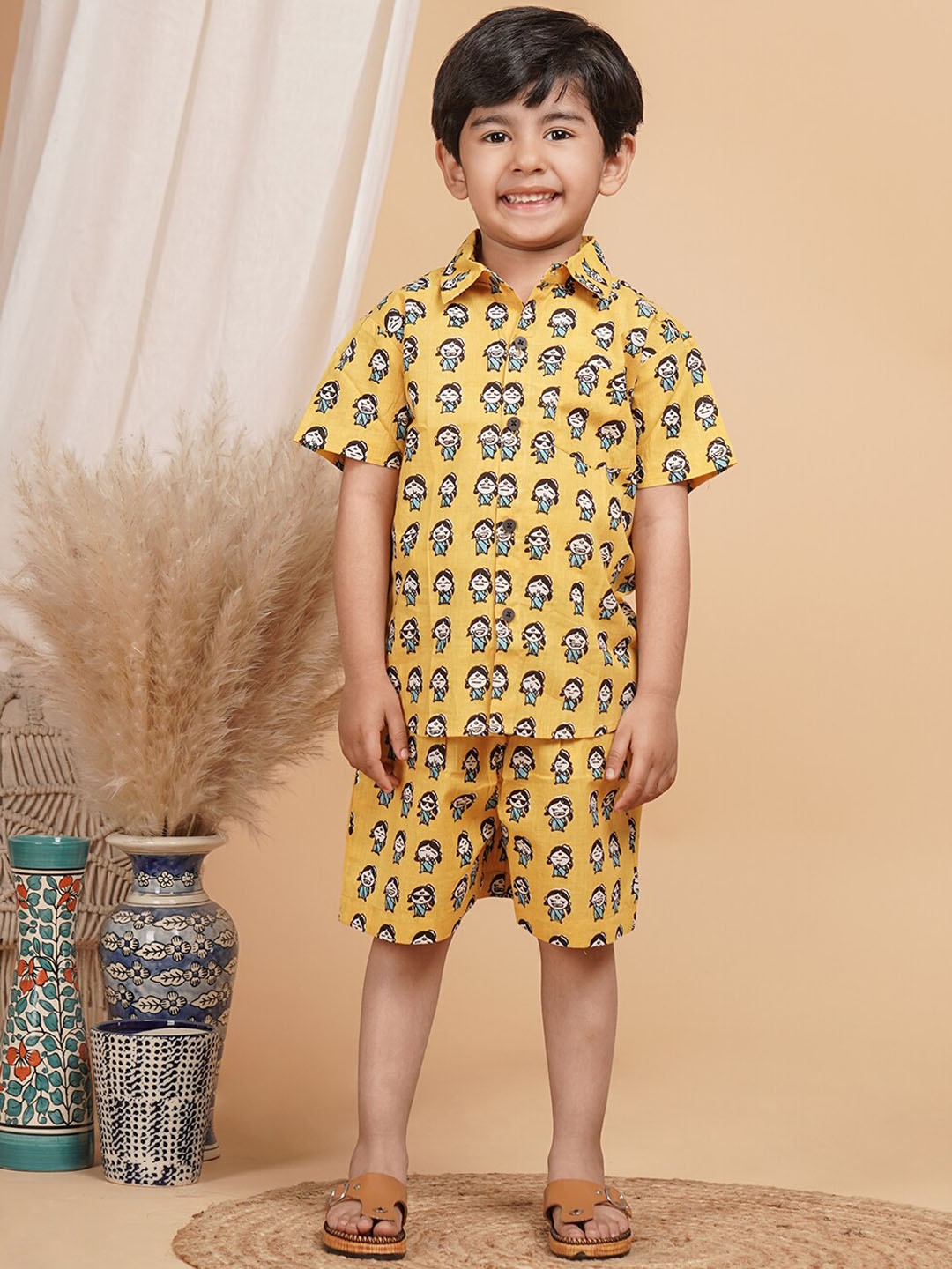 

UNBIND Boys Printed Shirt Collar Pure Cotton Clothing Set, Yellow