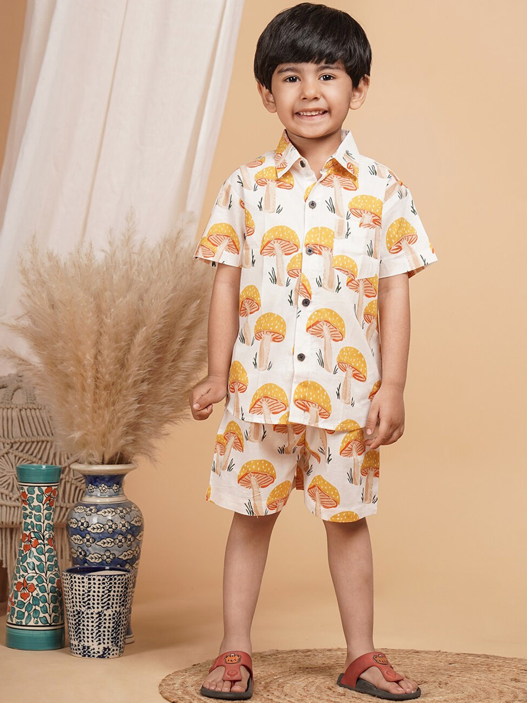

UNBIND Boys Printed Shirt Collar Pure Cotton Clothing Set, White