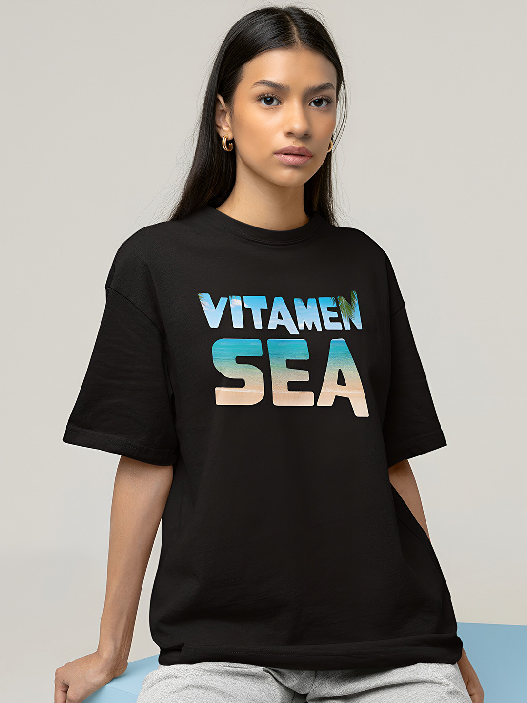 

Beetein Lamhein Typography Drop-Shoulder Sleeves Bio Finish Oversized Pure Cotton T-shirt, Black