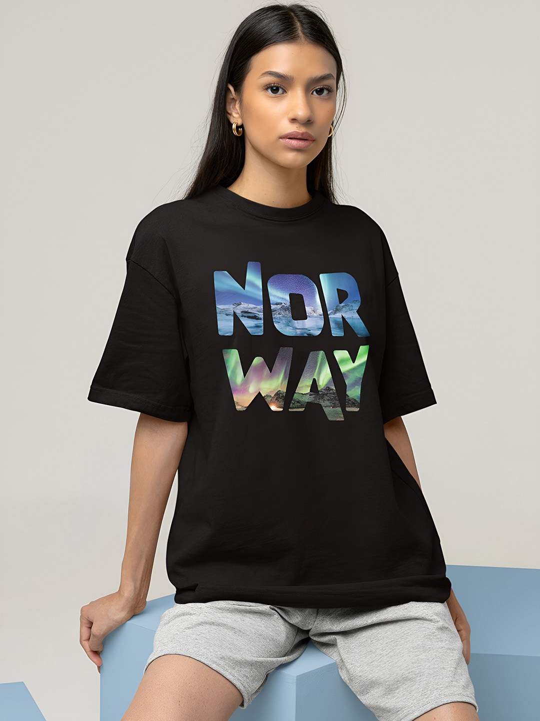 

Beetein Lamhein Graphic Drop-Shoulder Sleeves Oversized Pure Cotton T-shirt, Black