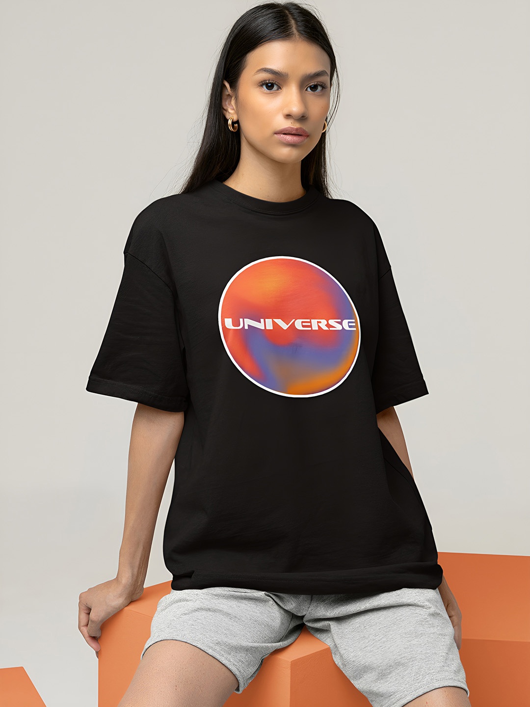 

Beetein Lamhein Drop-Shoulder Sleeves Typography Print Bio Finish Cotton OversizedT-shirt, Black
