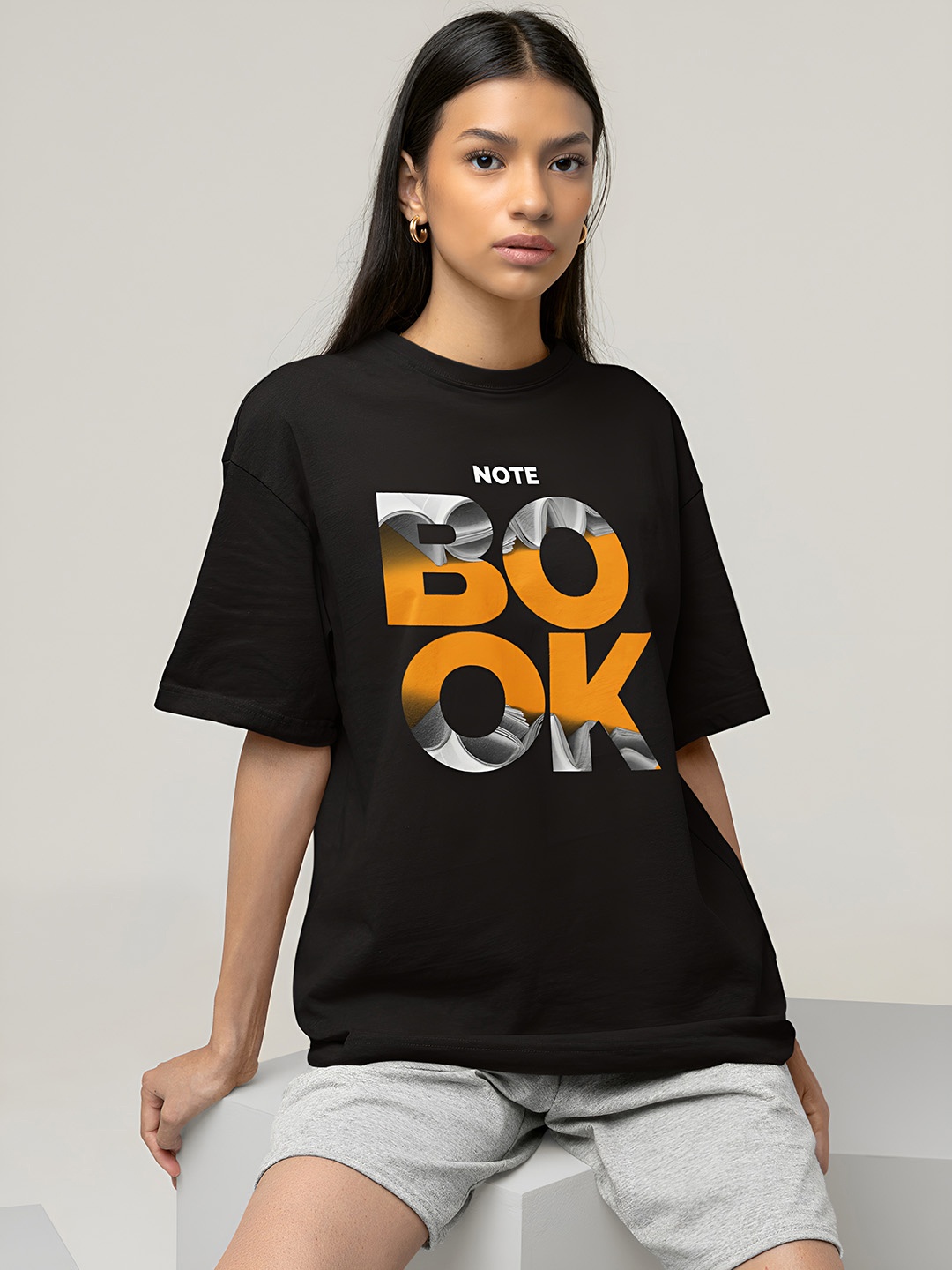 

Beetein Lamhein Typography Print Drop-Shoulder Sleeves Bio Finish Oversized Cotton T-shirt, Black