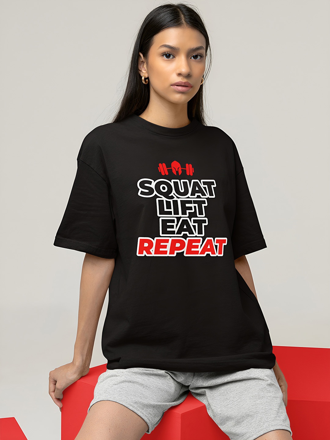 

Beetein Lamhein Drop-Shoulder Sleeve Typography Print Bio Finish Cotton Oversized T-shirt, Black