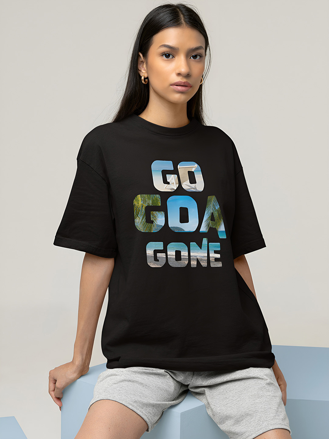 

Beetein Lamhein Graphic Drop-Shoulder Sleeves Oversized Pure Cotton T-shirt, Black