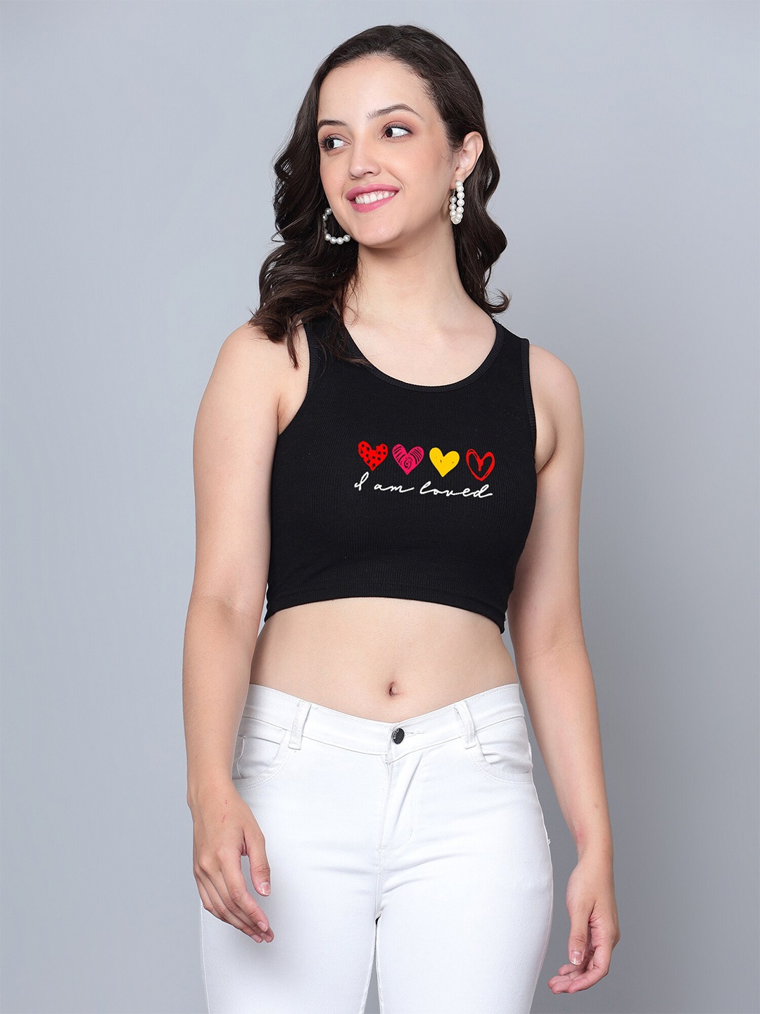

Fashion And Youth I am Loved Printed Round Neck Tank Crop Top, Black