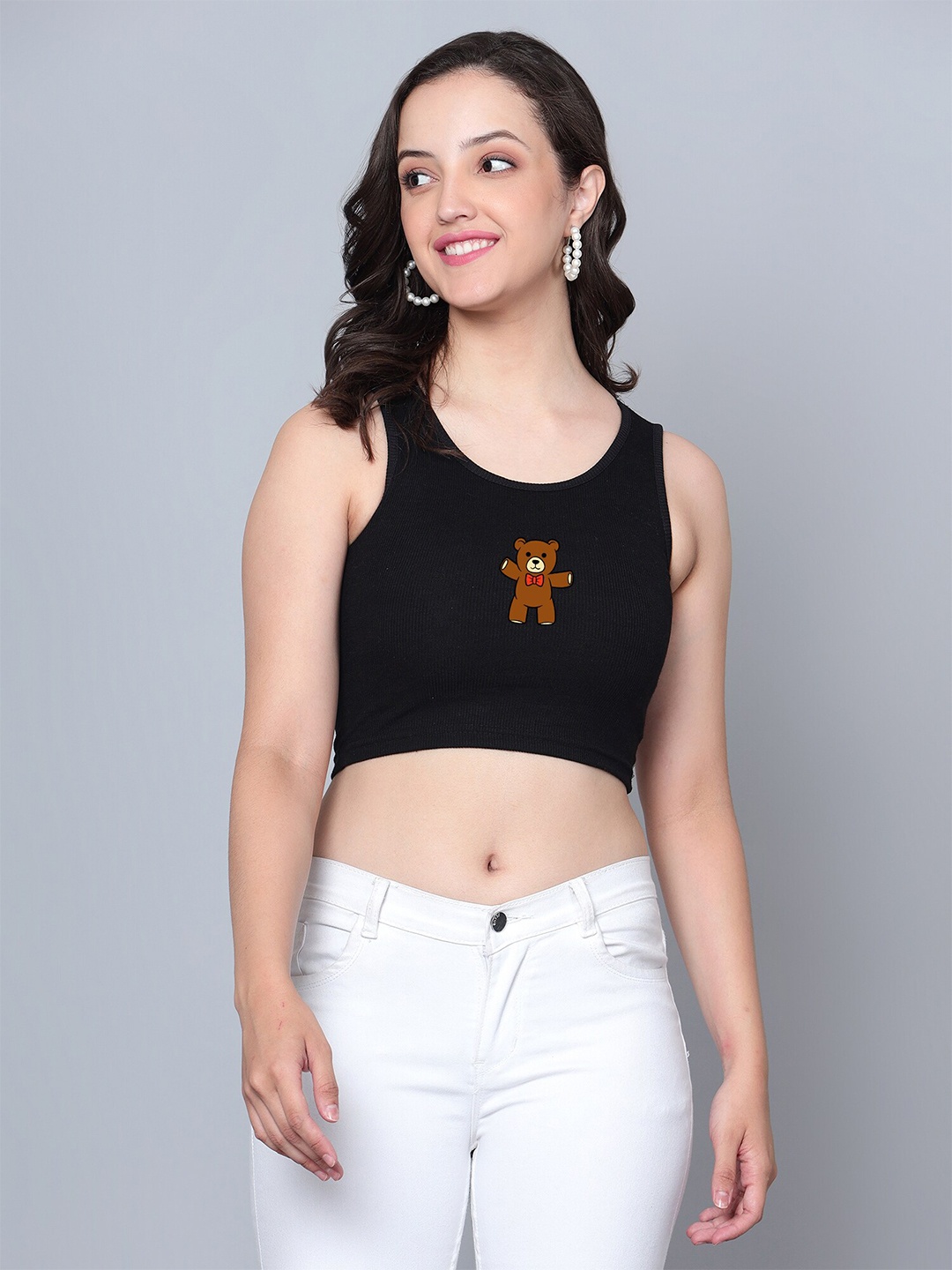 

Fashion And Youth Teddy Bear Printed Cotton Fitted Crop Top, Black