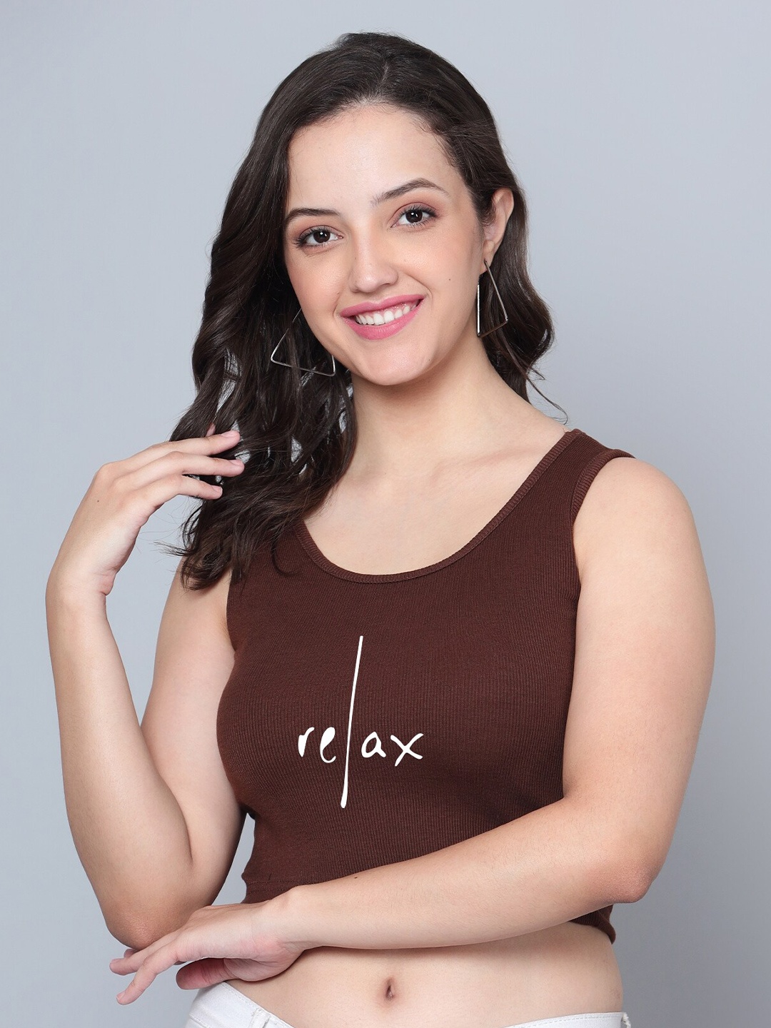 

Fashion And Youth Round Neck Crop Tank Top, Coffee brown