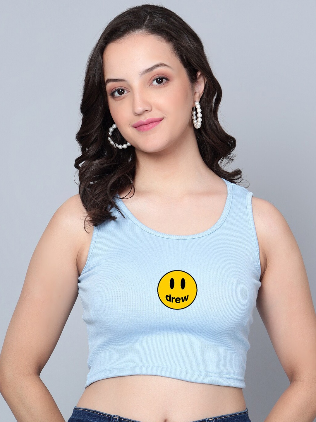 

Fashion And Youth Smile Printed Cotton Fitted Crop Top, Turquoise blue