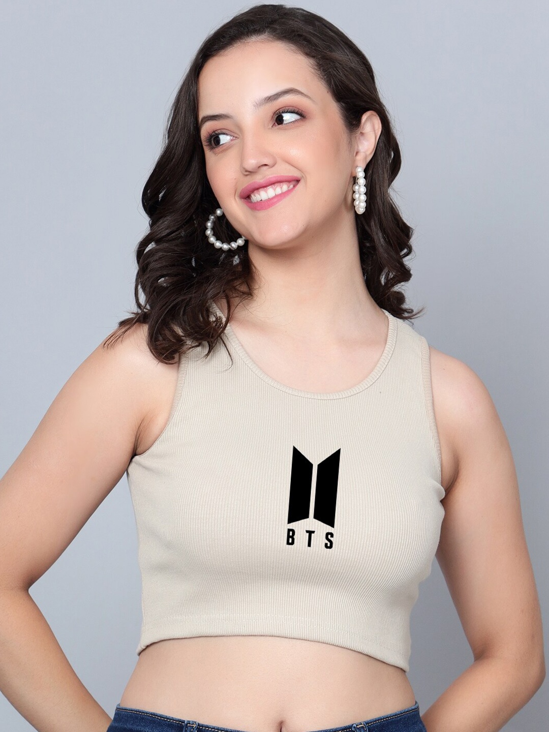 

Fashion And Youth Cotton Round Neck Sleeveless Crop Fitted Casual Top, Beige