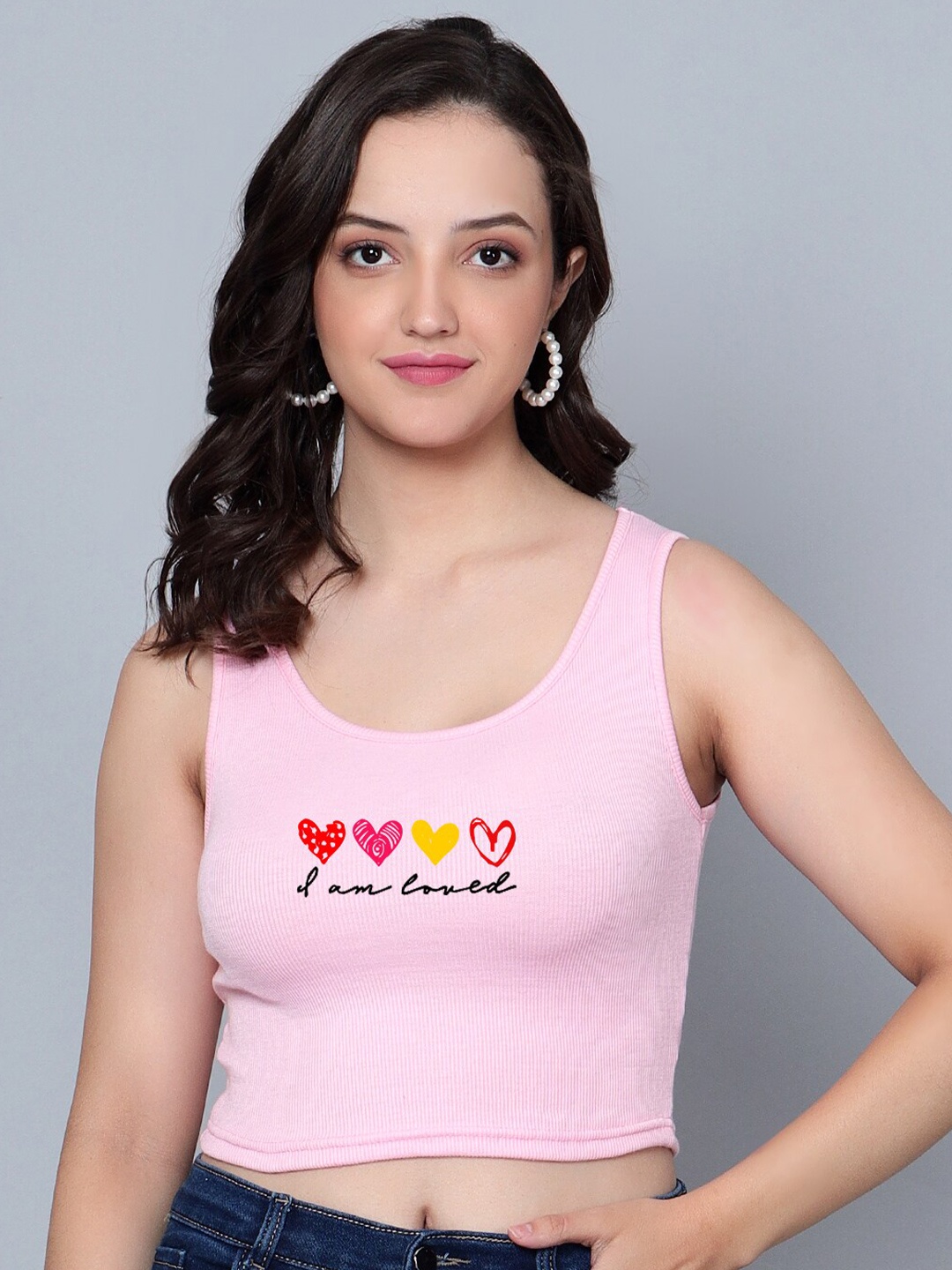 

Fashion And Youth Printed Round Neck Sleeveless Crop Top, Pink