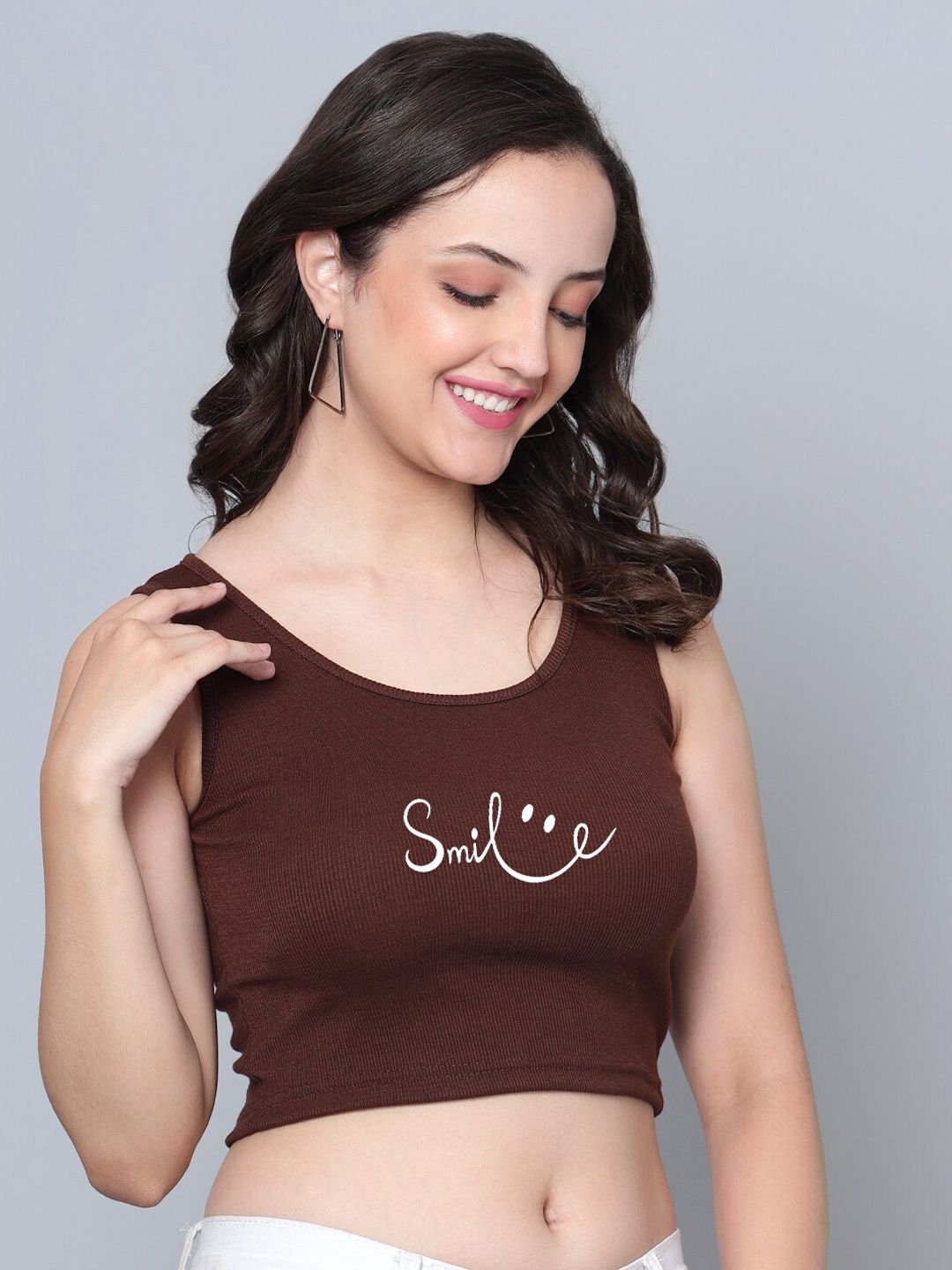 

Fashion And Youth Round Neck Crop Tank Top, Coffee brown