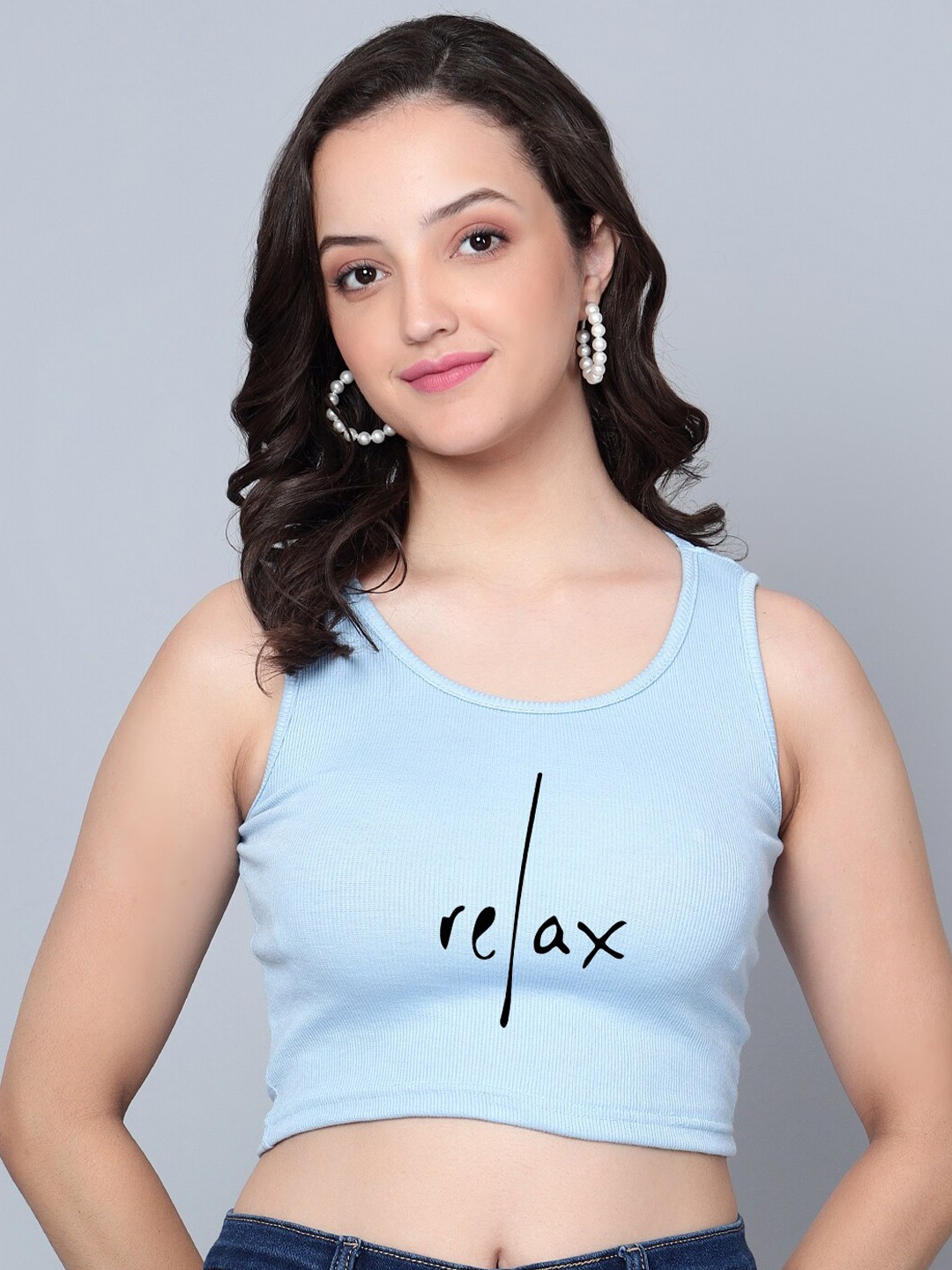 

Fashion And Youth Relax Printed Round Neck Tank Crop Top, Turquoise blue