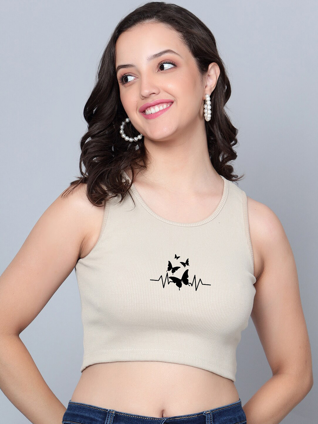 

Fashion And Youth Round Neck Tank Crop Top, Beige